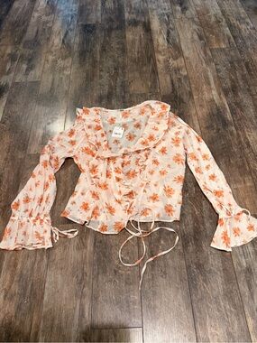 Sanctuary Peach and Orange Floral Ruffle Tie-Front Blouse